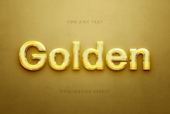 Golden text effect Photoshop template for designers features shiny gold 3D letters on a gold background perfect for mockups templates graphics.