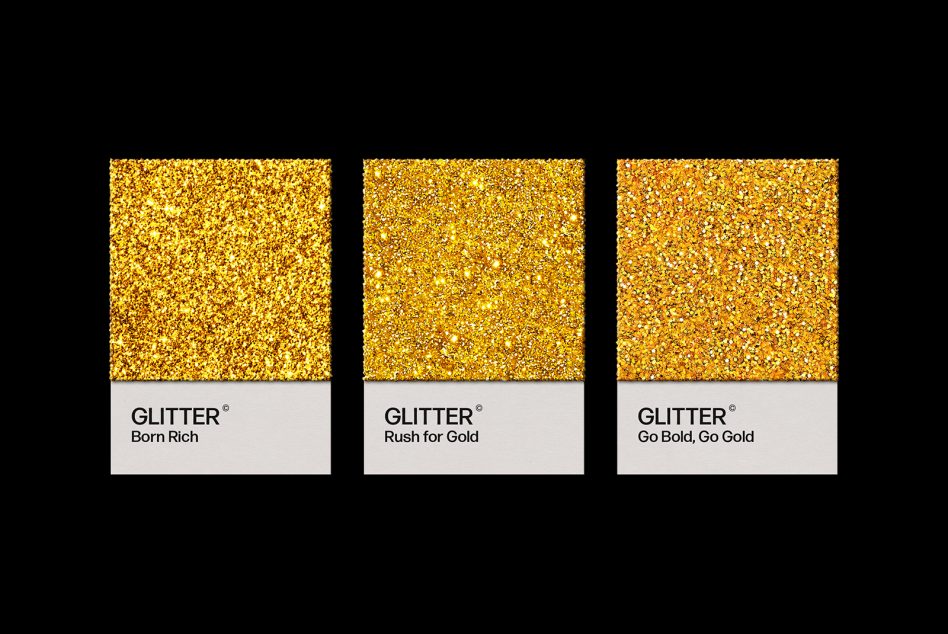 Three gold glitter texture samples labeled Born Rich, Rush for Gold, and Go Bold, Go Gold. Ideal for designers in need of glitter graphics or templates.