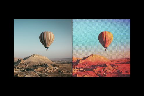 A hot air balloon over rocky landscape, shown in two styles: realistic photo and halftone filter. Perfect for graphics, mockups, templates, digital assets.