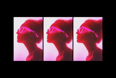 Retro style mockup featuring a female silhouette in neon colors wearing sunglasses, perfect for graphic designers seeking vintage aesthetics and vibrant visuals