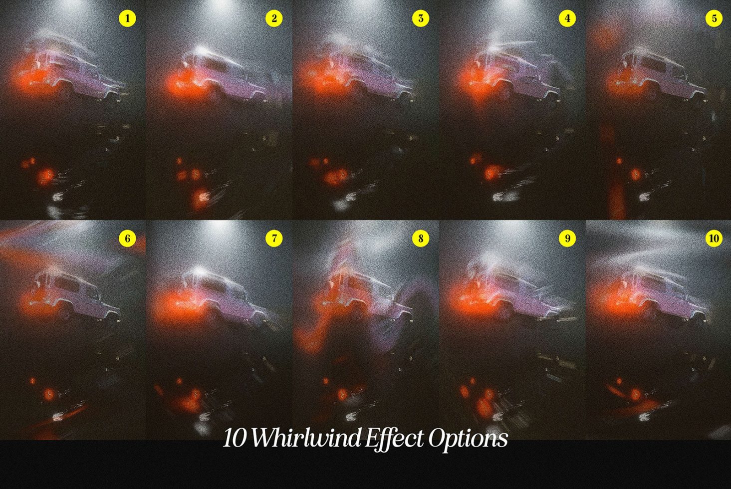 10 whirlwind effect options for photos featuring a car with vibrant lights in the night. Perfect for designers working on unique graphic designs and templates