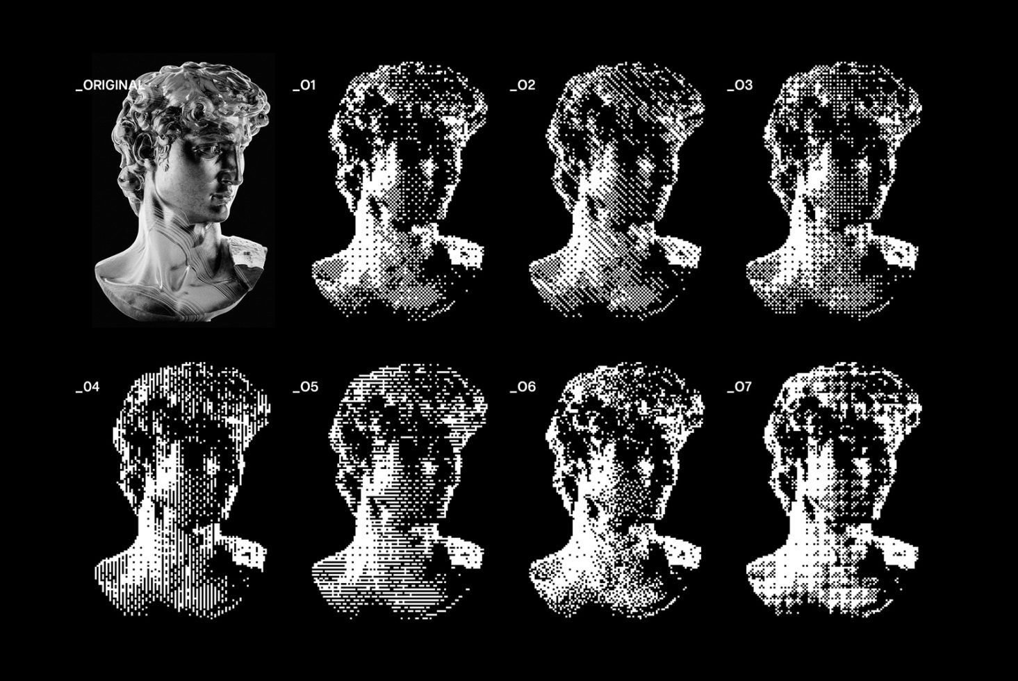 Image of a classical statue head in eight different bitmap styles for designers. Perfect for graphic design mockups and templates. High-resolution asset.