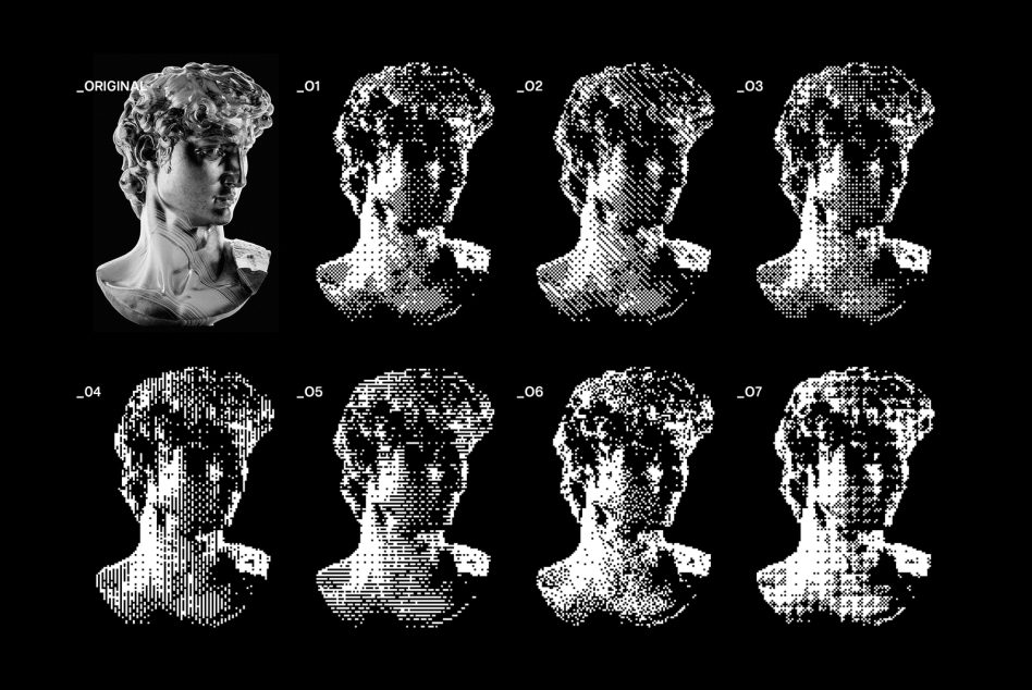 Image of a classical statue head in eight different bitmap styles for designers. Perfect for graphic design mockups and templates. High-resolution asset.