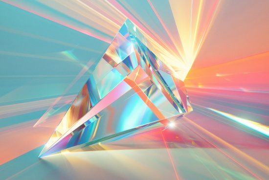 Abstract digital asset depicting a prismatic 3D glass pyramid with a colorful spectrum effect ideal for graphic designers for use in mockups and backgrounds