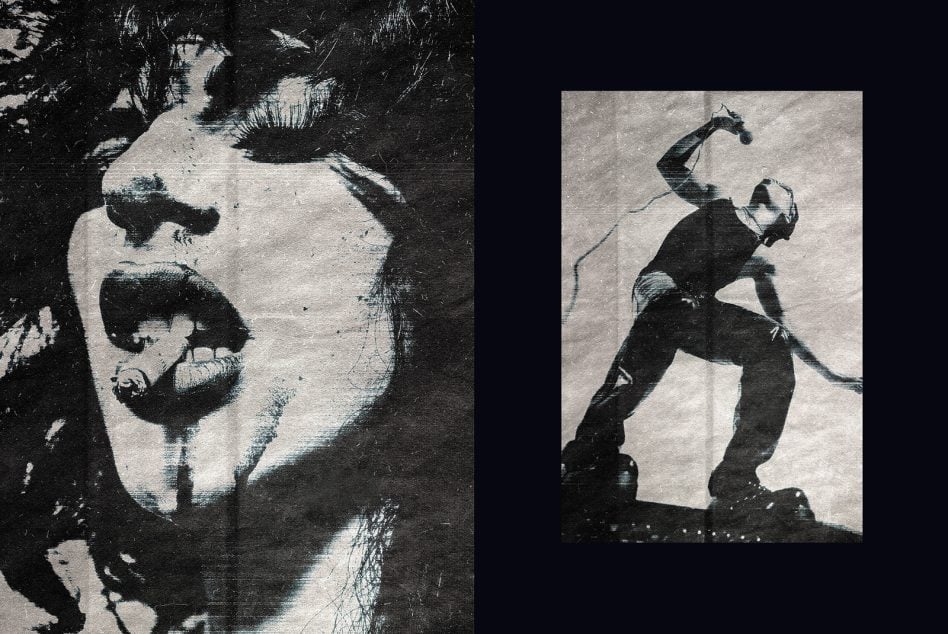 High contrast vintage film stills with dramatic poses, moody grayscale portraits with scratched textures