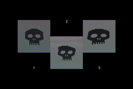 Pixel art skull variations in grayscale, displayed on distorted screens. Ideal for designers' graphics or template needs. Popular choice for digital retro assets.