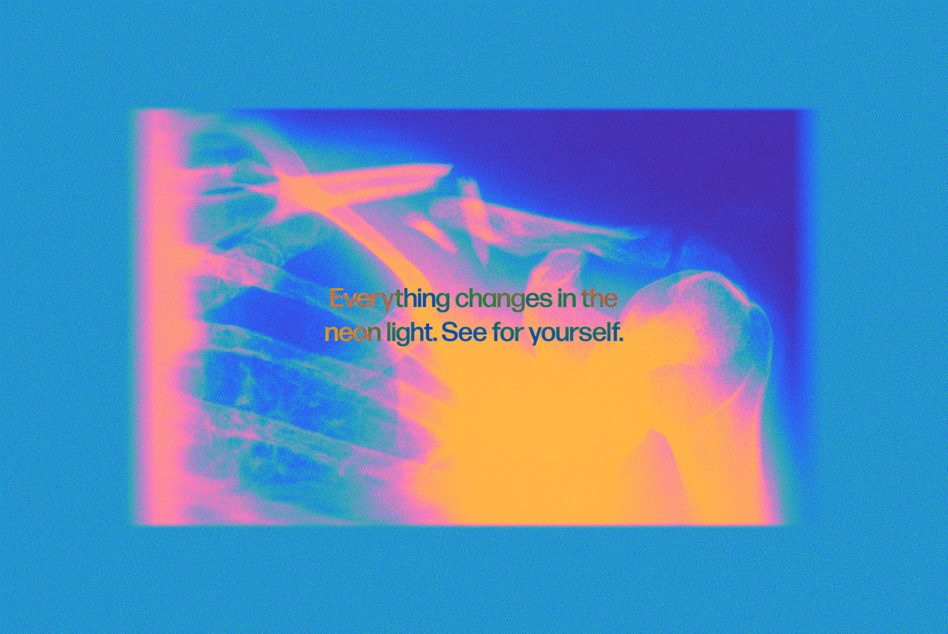 Neon thermal effect overlay mockup with vibrant pink, blue, yellow gradients on teal background