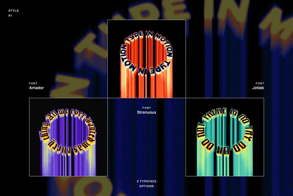 Retro neon typeface styles with glowing vertical stripes, 3 color options red purple cyan