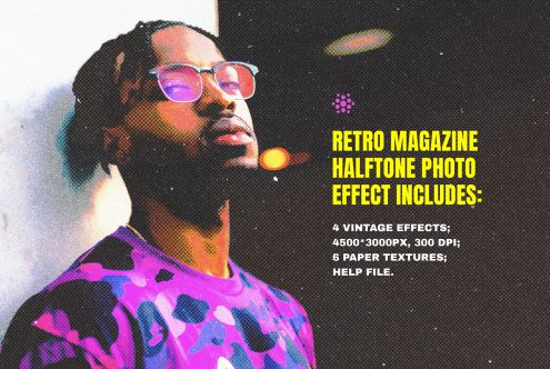 Retro magazine halftone photo effect for designers includes 4 vintage effects 4500x3000px resolution 300 DPI 6 paper textures and a help file perfect for graphics