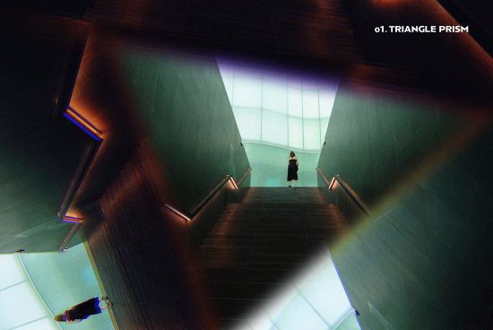 Surrealistic stairs and reflections mockup featuring a person ascending in a modern, geometric environment. Ideal for designers editing sci-fi and futuristic scenes.