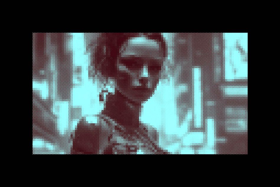 Pixelated cyan blue portrait glitch effect with checkered pattern overlay