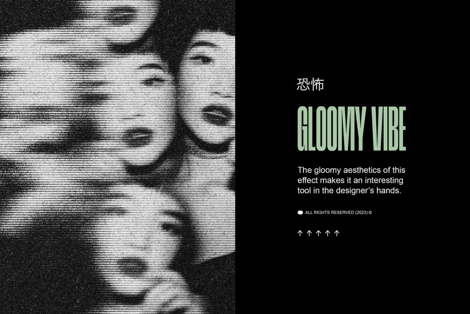 Gloomy Vibe effect graphic with blurred faces and vintage TV texture. Ideal for design mockups, digital assets, and creative projects. Keywords gloomy vibe, texture, design.