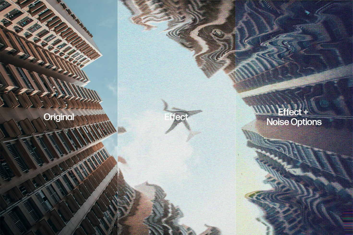 A triptych showing an original photo of buildings with applied glitch effects. Suitable for mockups or graphics. Keywords: Photo Effect, Glitch Noise, Digital Asset.