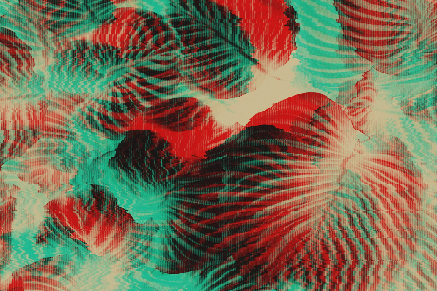 Abstract digital glitch art with red and teal stripes blending into a flowing pattern. Ideal for graphic design, digital assets, and abstract templates.