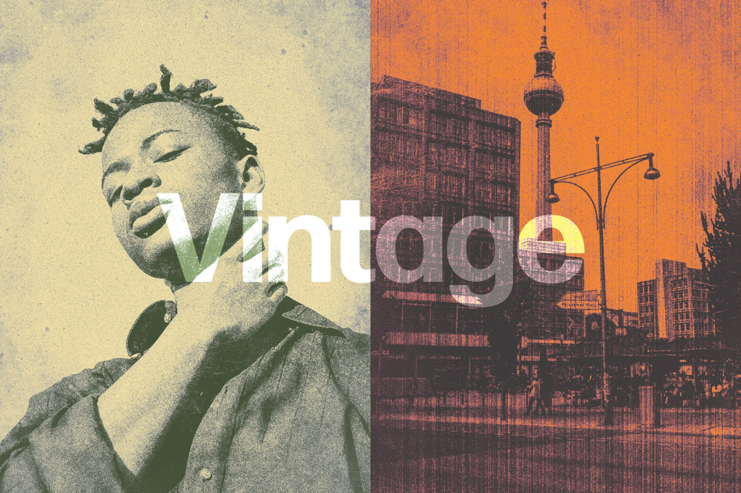 Vintage style digital graphic featuring a portrait of a person and an urban street scene. Ideal for vintage mockups, retro design templates, design assets.