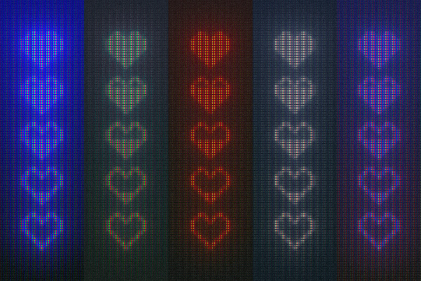 Digital pixelated hearts in blue, green, red, and purple colors. Suitable for designers needing digital assets for graphics, mockups, and templates.