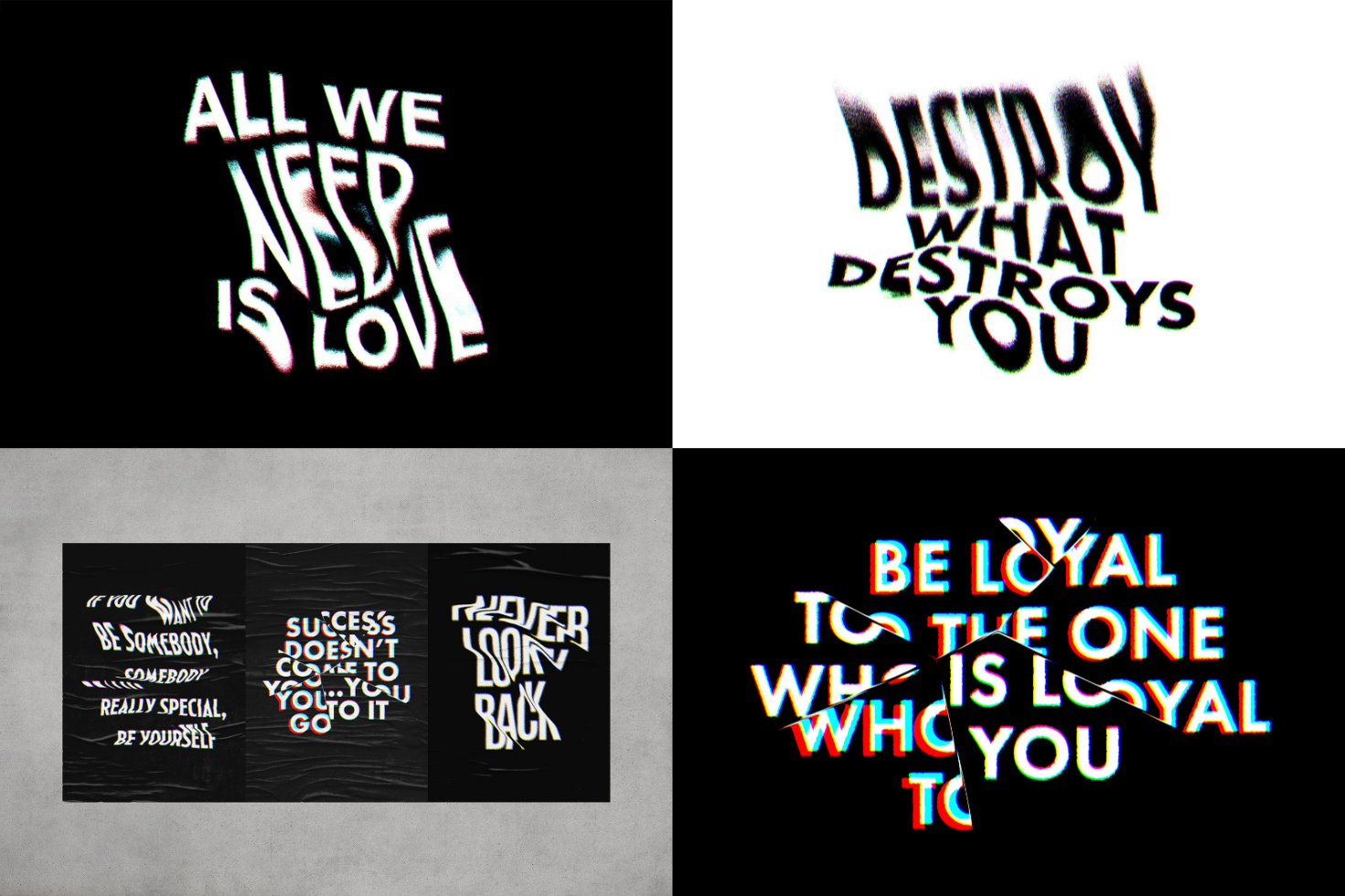 Collection of distorted typography graphics featuring motivational quotes ideal for designers looking for unique text effects for mockups, templates, and graphics.