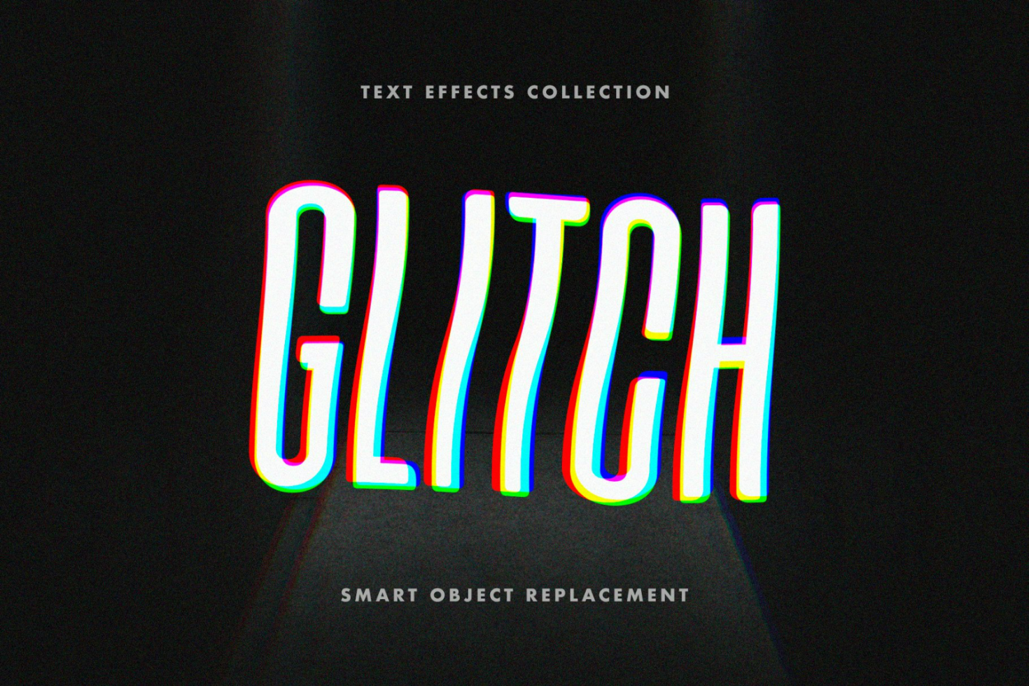 Glitch text effect for designers perfect for creating digital assets mockups templates with smart object replacement colorful glitchy design on dark background