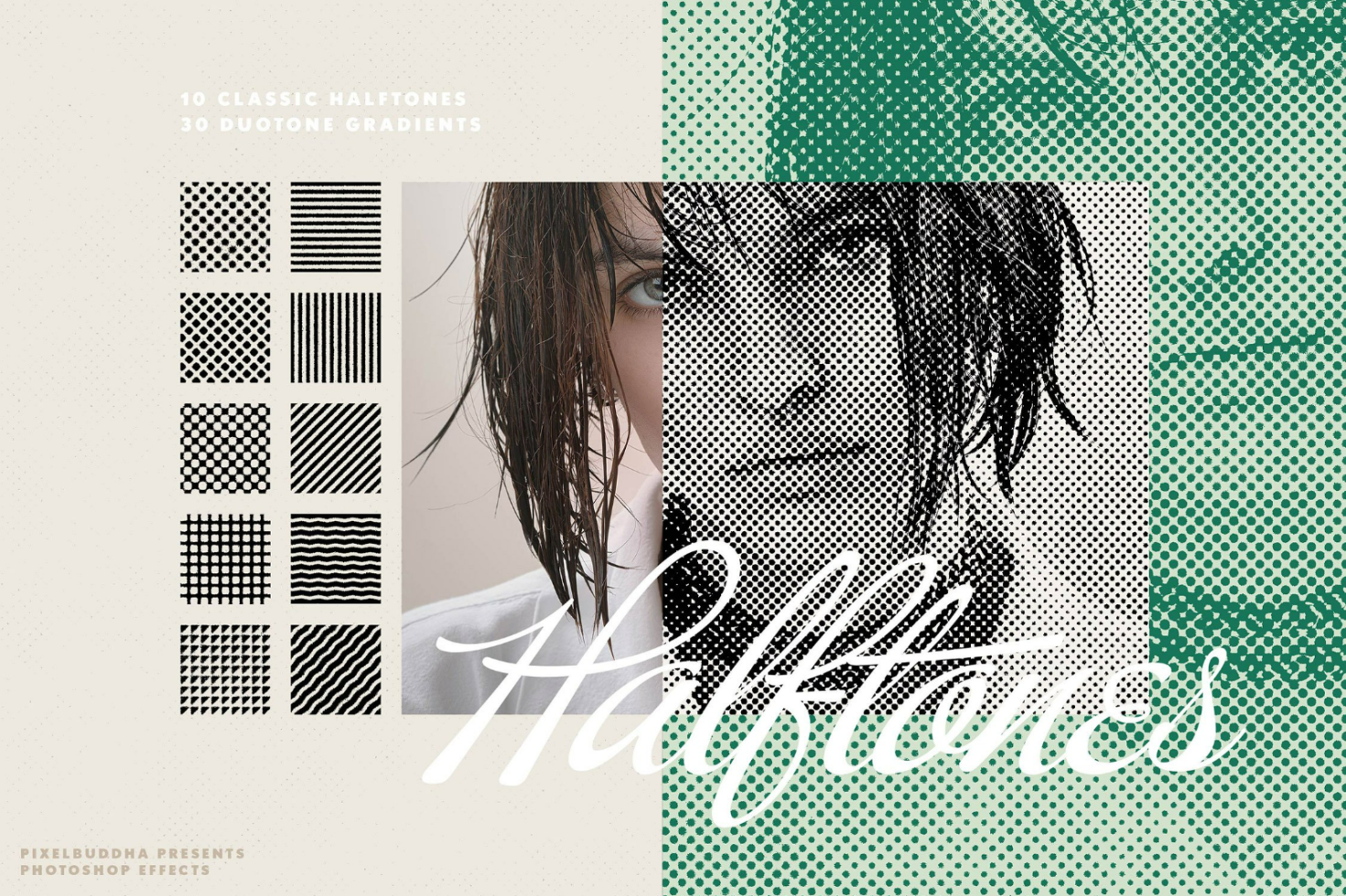 Halftone Photoshop effects pack: 10 classic halftones and 30 duotone gradients. Ideal for designers seeking unique graphics. Mockup example with photo.