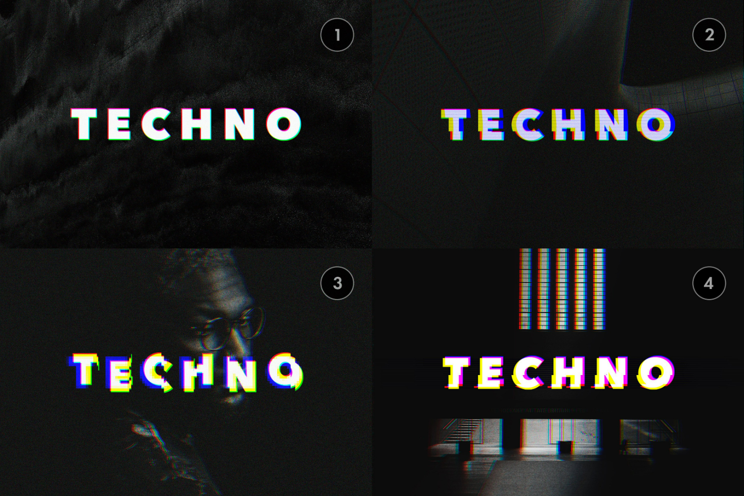 Futuristic techno text effect template pack featuring glitch and RGB shifts on dark backgrounds perfect for digital designs digital assets designed for designers