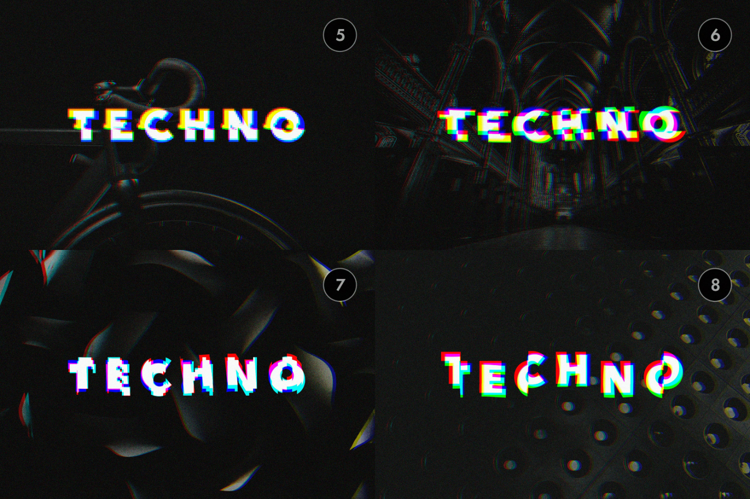 Digital asset featuring techno-themed glitch text overlays on dark backgrounds. Perfect for graphic designers seeking edgy, modern typography templates or mockups.