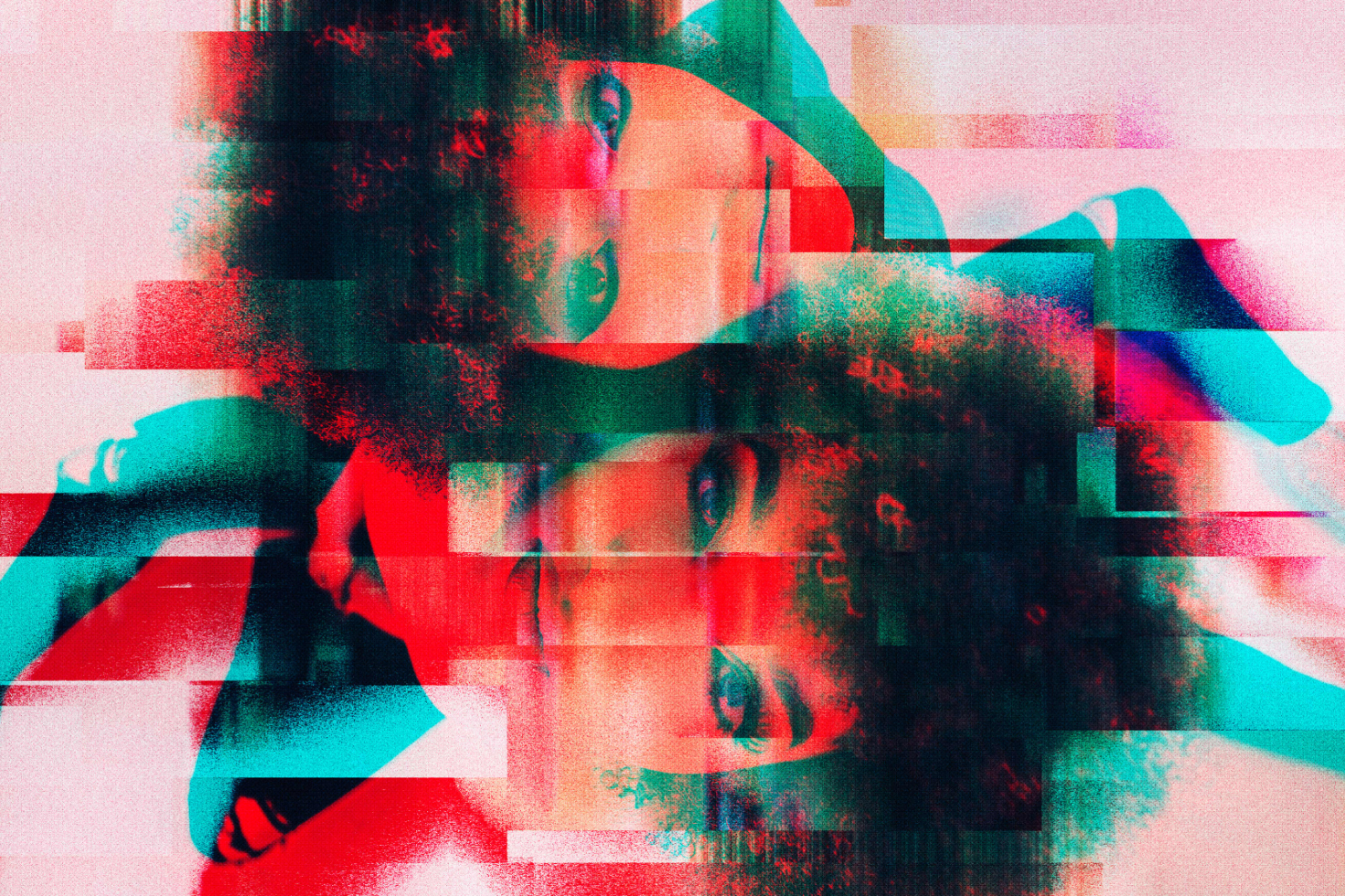 Abstract digital artwork showcasing a vibrant, glitchy portrait, perfect for designers seeking unique graphics, mockups, templates for creative projects