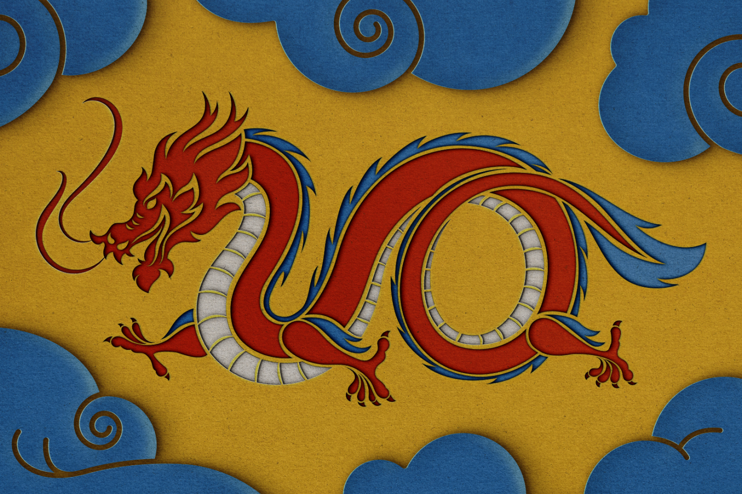 Colorful dragon illustration in vibrant red and blue, set against a yellow background with blue swirling clouds, suitable for graphic design templates and mockups.