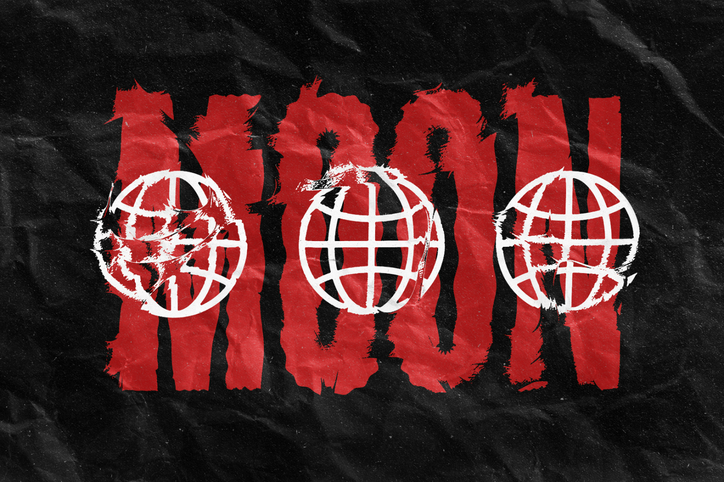 Textural graphic design on black background featuring distressed red text and three white globe icons. Ideal for designers looking for unique graphic templates.