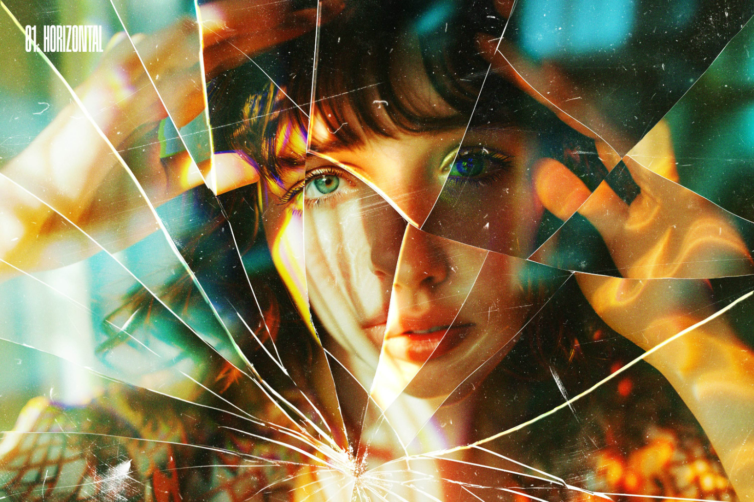 Digital art showing a woman's face through cracked glass with rainbow reflections perfect for designers and creatives for use in graphics and template designs