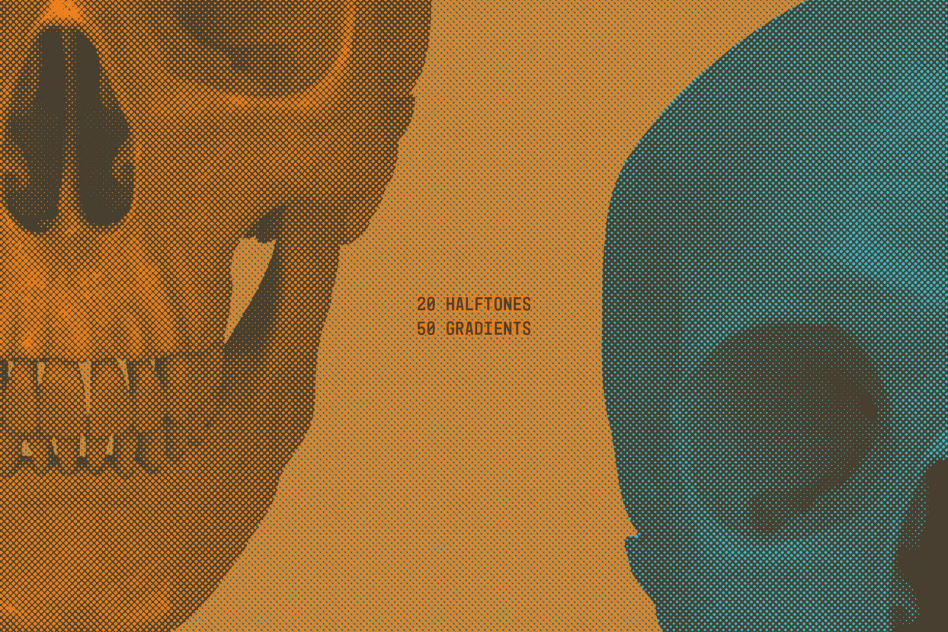 Image of two gradient skulls with halftone effects. Text reads 20 halftones and 50 gradients. Suitable for digital assets mockups templates and graphics for designers.