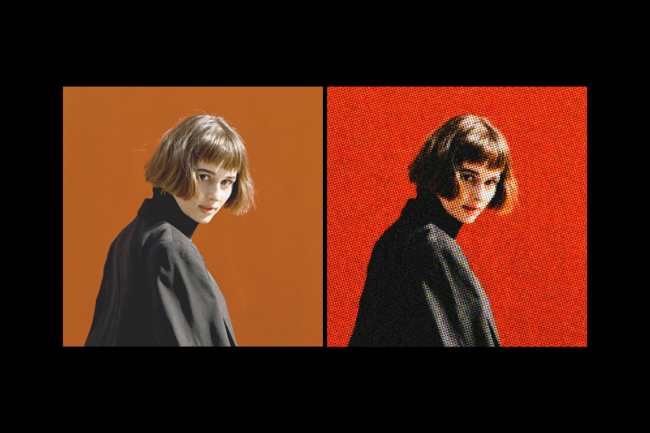 Side-by-side portrait photos of a short-haired woman in a black coat, featuring a clean edit and a vibrant halftone effect. Perfect for graphic design concepts.