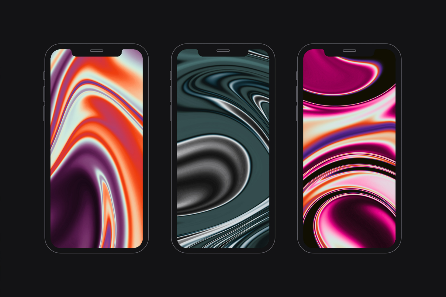 Abstract iPhone mockups featuring vibrant fluid art screens in orange purple green pink great for graphic design templates showcasing digital assets.