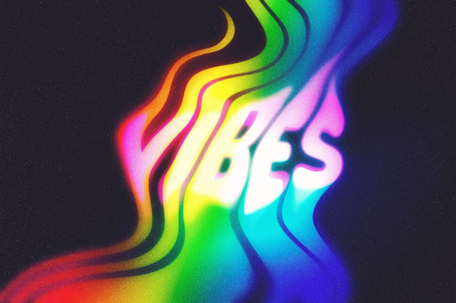 Colorful VIBES text with rainbow gradient and wave distortion on black background digital graphics asset perfect for designers fonts templates and mockups.