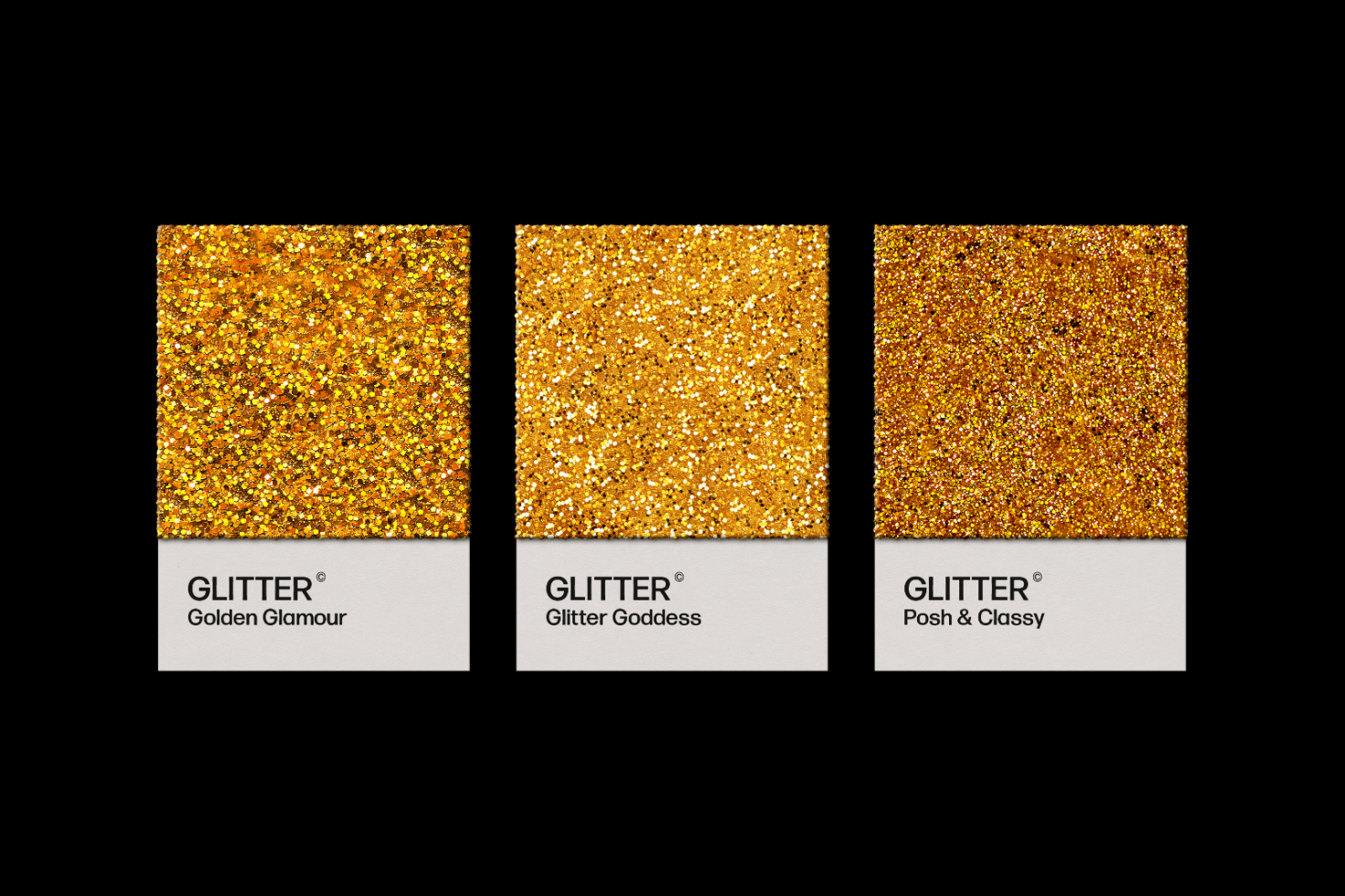 Golden glitter textures with samples: Golden Glamour, Glitter Goddess, Posh Classy. Perfect for templates, graphics, mockups, digital design, and branding.