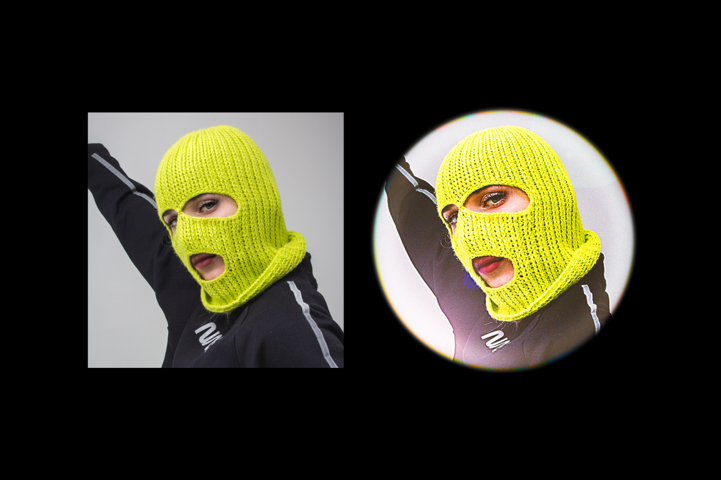 Image of a person wearing a neon yellow knitted balaclava. Perfect for designers looking for unique fashion graphics or character mockups. Vibrant, trendy appeal.