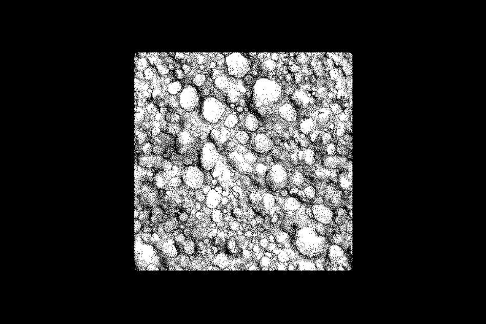 Halftone texture graphic square in black and white resembling bubbles for design projects. Commonly used in templates, backgrounds, and illustrations.