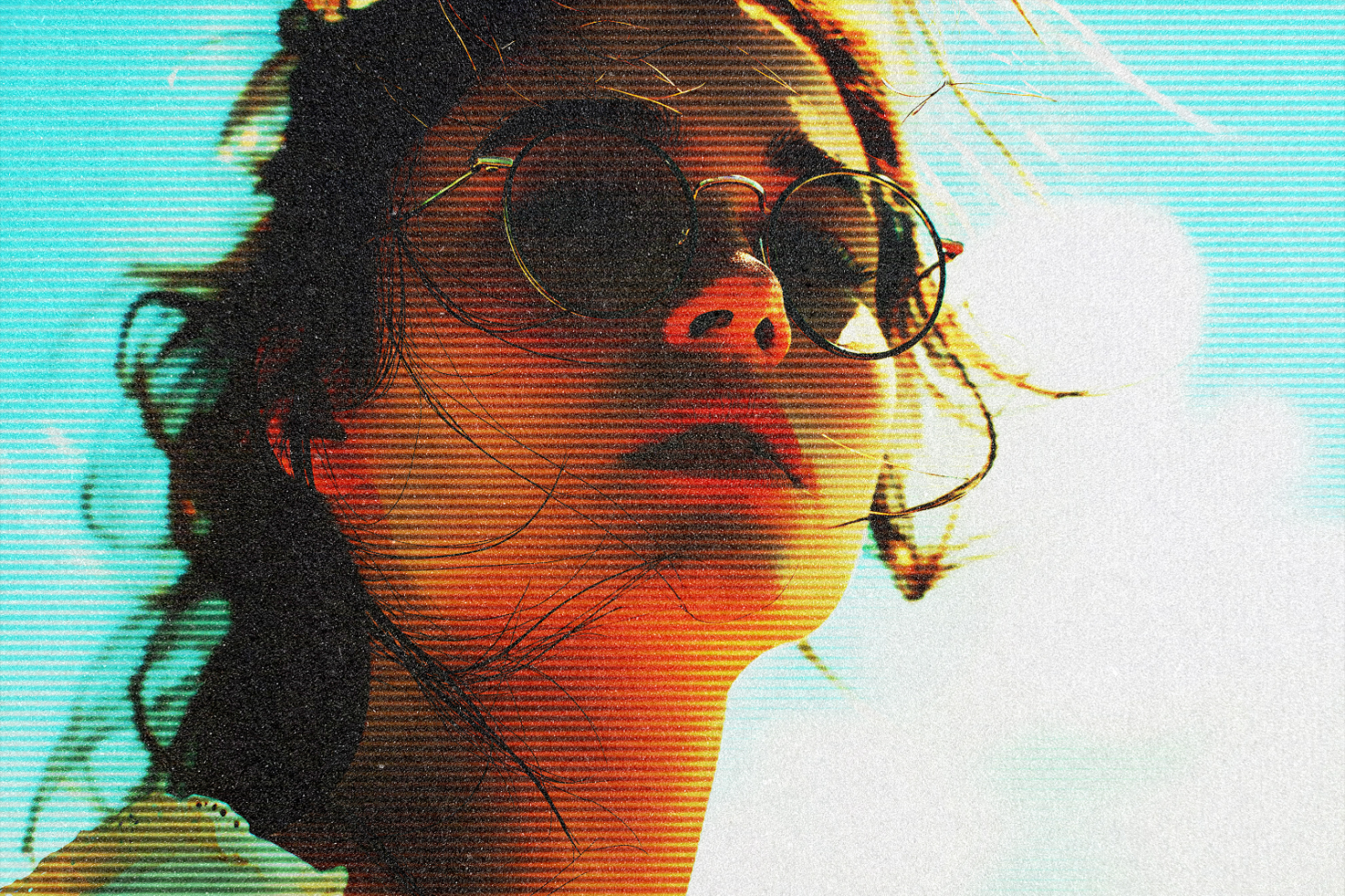 Grainy portrait of person with round glasses under sunlight; ideal for vintage photo effect templates, retro mockups, graphic design, visual aesthetics.