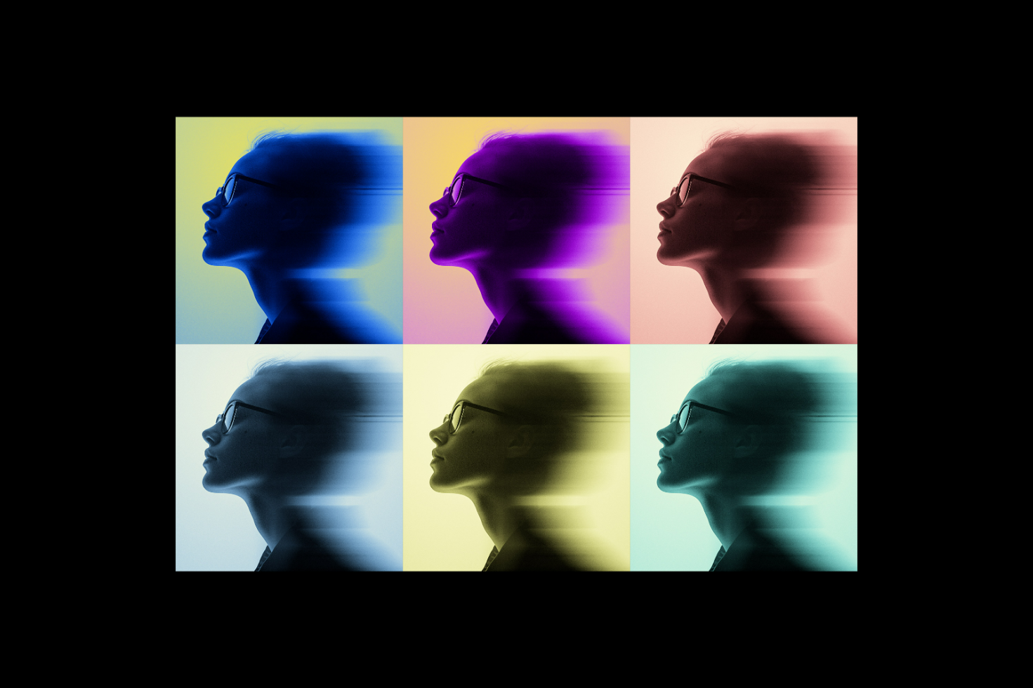 Colorful profile mockup featuring six variations of a person's side profile with motion blur effect. Ideal for designers, graphics, templates, and creative projects.