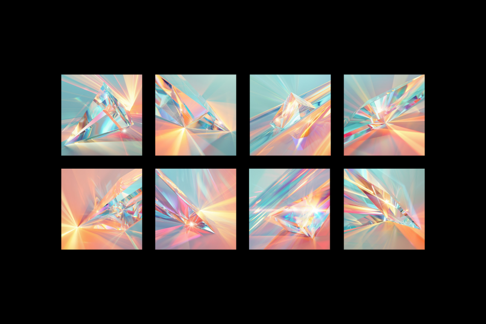 Set of eight abstract prism illustrations with vivid colors and light reflections ideal for graphic design assets, mockups, and templates for designers.