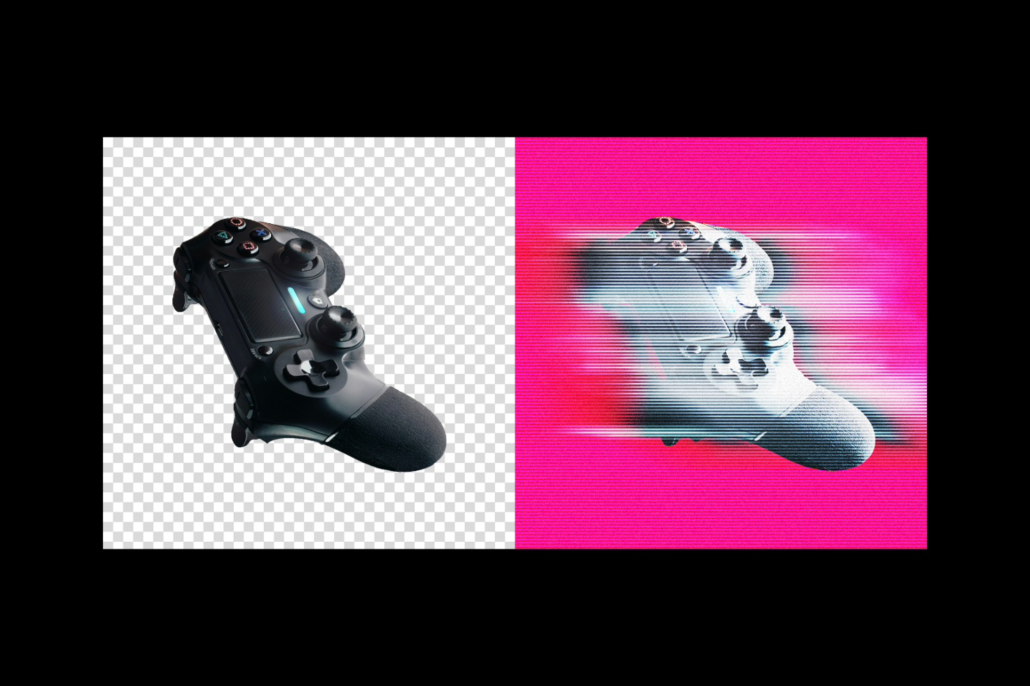 Gaming controller graphics mockup showing realistic and glitch effects, ideal for designers in creating unique video game UI and digital artwork designs.