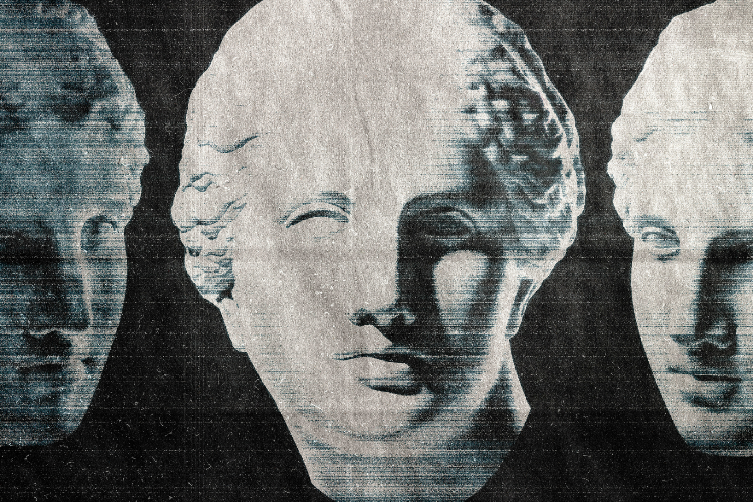 Classic statue bust glitch art with three faces on textured black background perfect for designers seeking unique graphic templates mockups and digital assets.