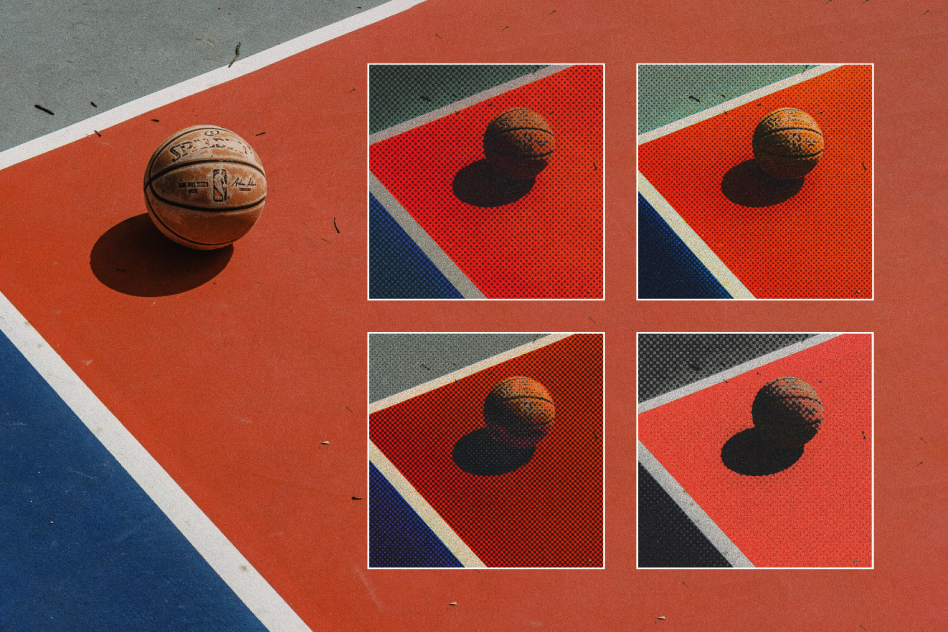 Basketball court photo effect template showcasing a basketball on a colorful court in various halftone patterns. Ideal for creating sports-themed graphics.