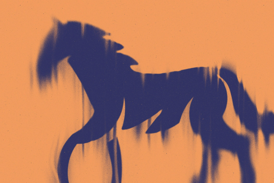 Abstract vector graphic depicting a blurred silhouette of a galloping horse in blue on an orange textured background. Digital asset for designers.