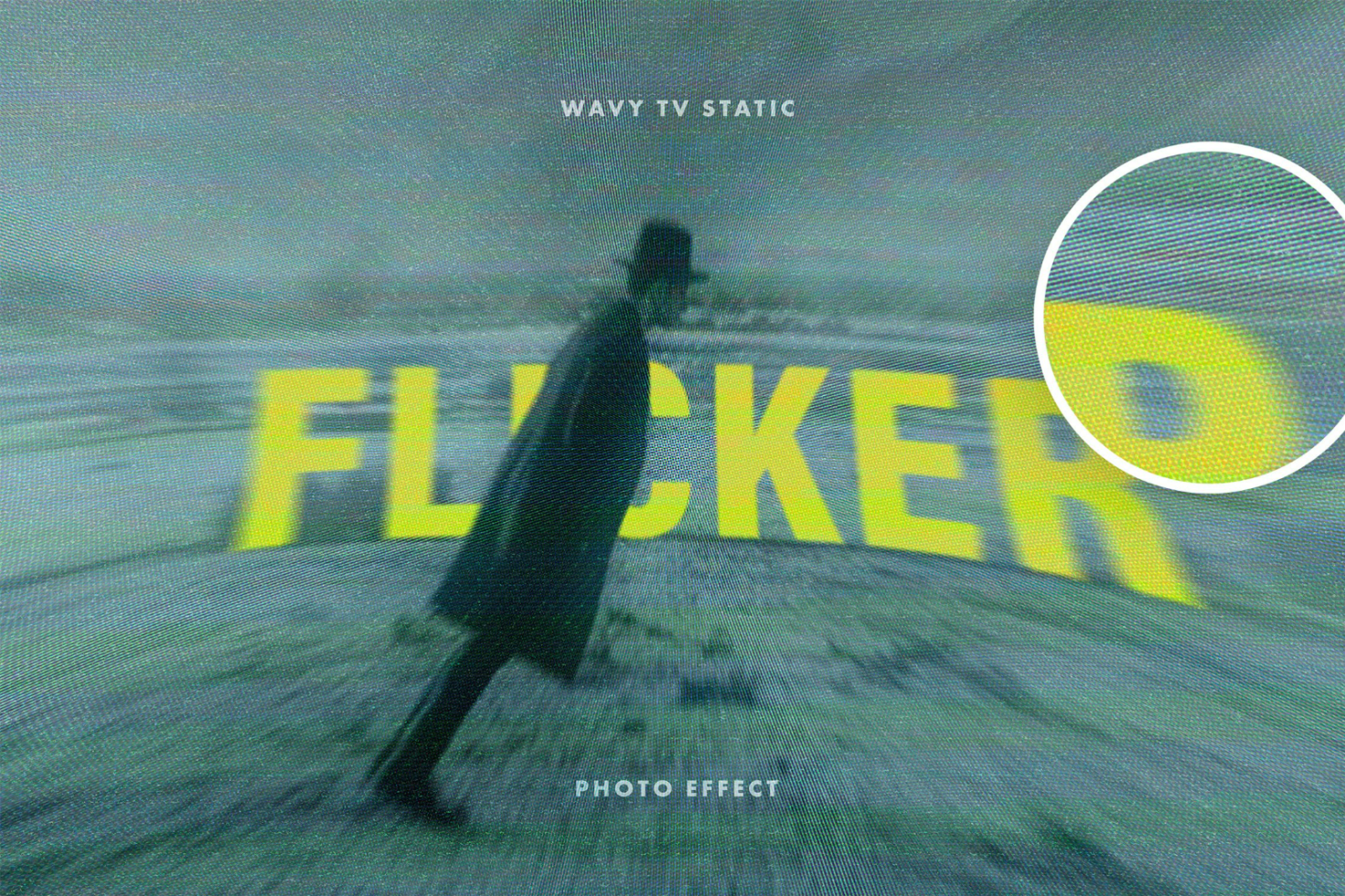 Wavy TV static photo effect with flicker text and blurred figure for designers. Perfect for creating retro glitch graphics and unique visual mockups.