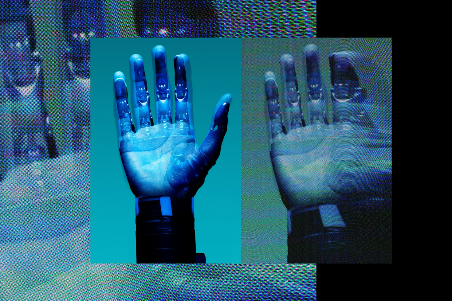 Futuristic digital mockup featuring a robotic hand with holographic effects. Perfect for designers in need of high-tech graphics and innovative design assets.