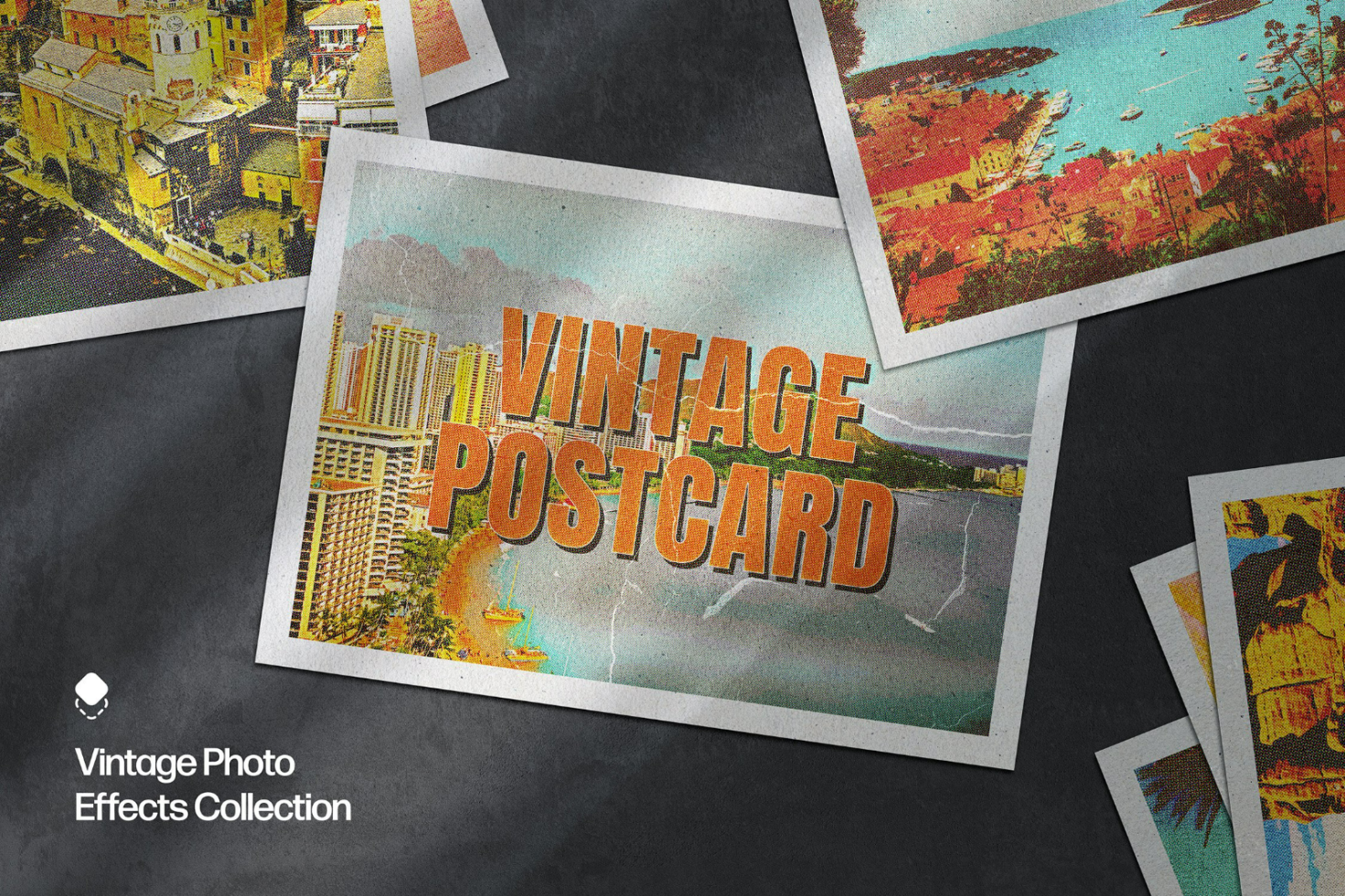 Vintage postcard effect mockup featuring retro designs, ideal for designers seeking vintage photo effects for creative graphic templates. Keywords: vintage, mockup, postcard.