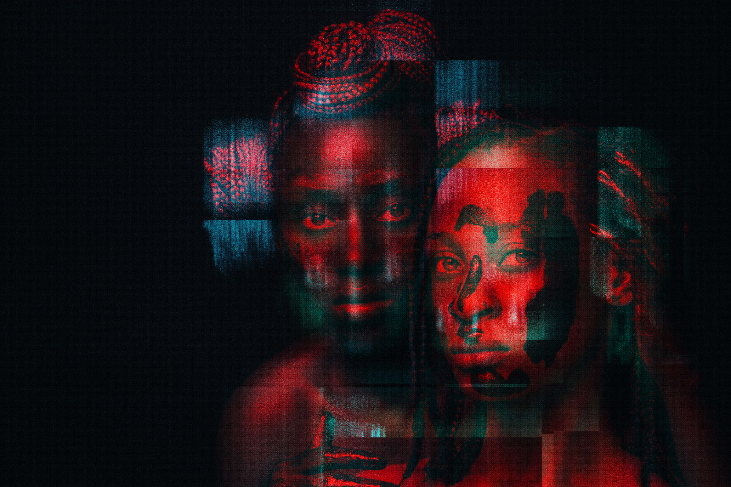 Digital art graphic featuring a glitch effect with abstract designs incorporating portraits of two individuals with vibrant red and blue hues. Perfect for designers.