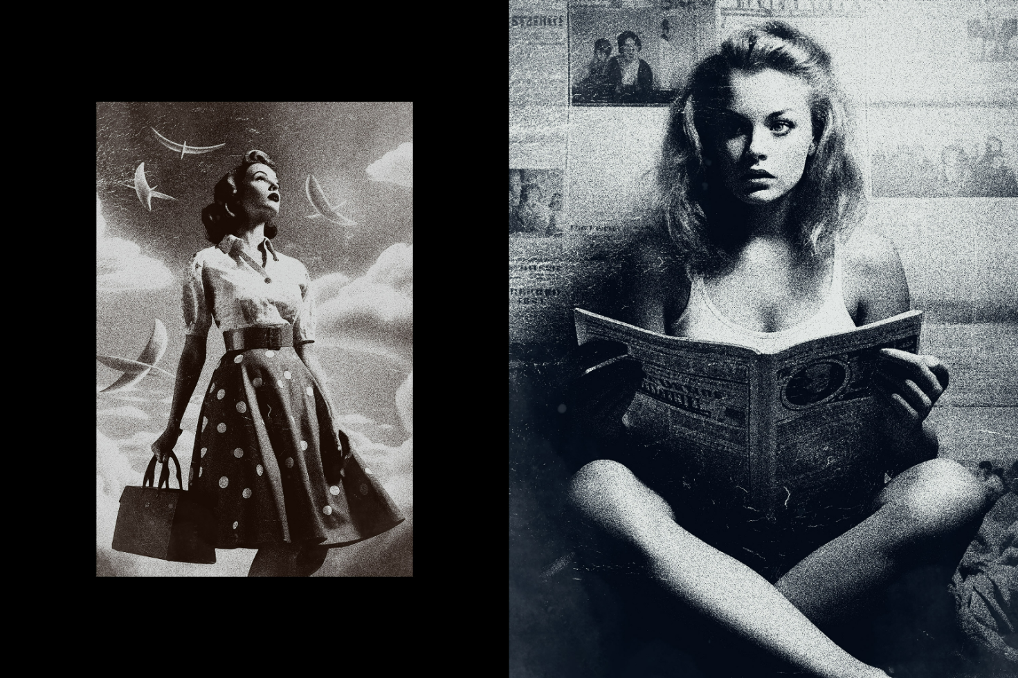 Vintage illustrations depicting a woman in a polka dot skirt and another sitting cross-legged reading a magazine; ideal for graphic design mockups and art projects.