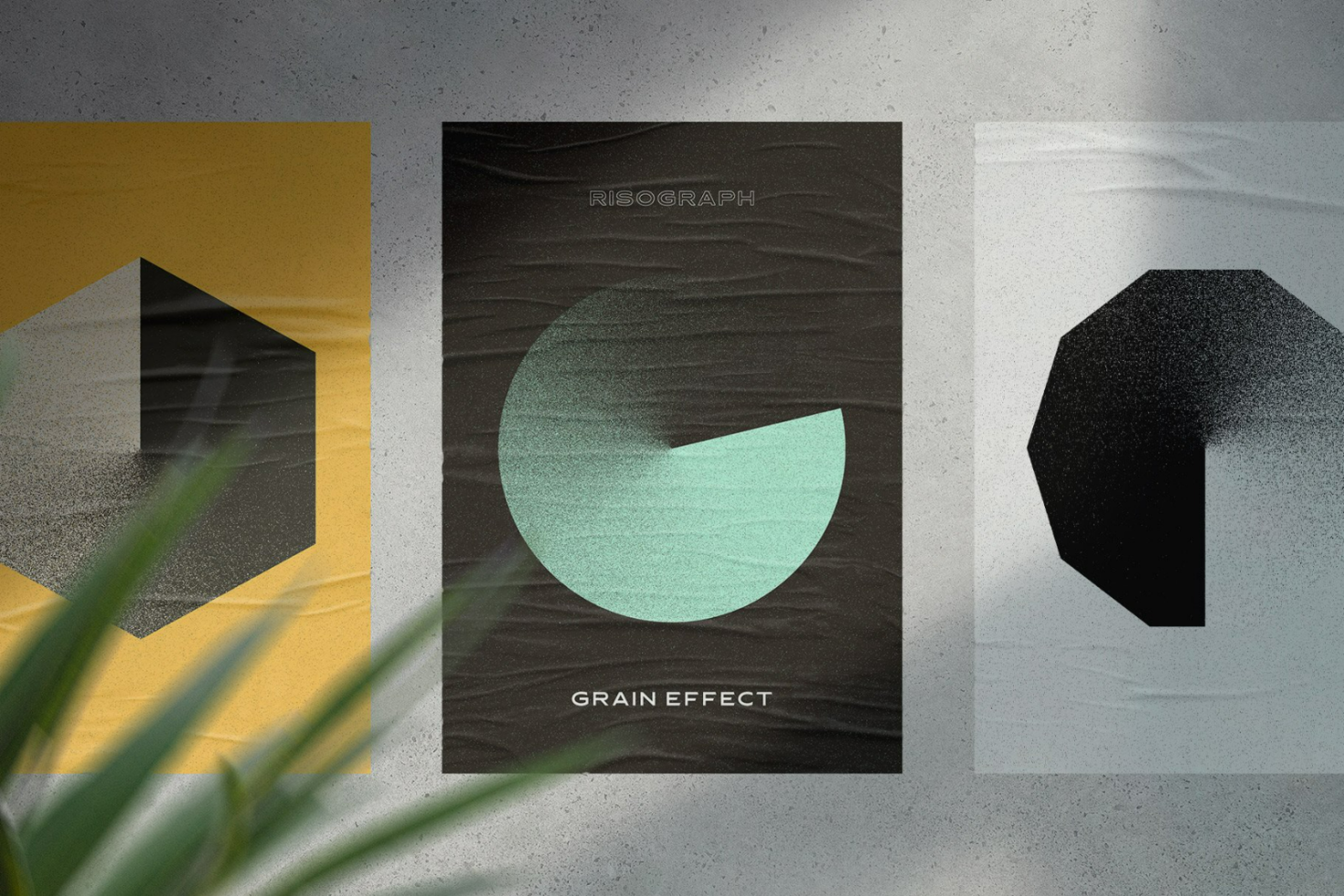 Three abstract grain effect posters mockup displayed on a concrete wall with geometric shapes in bold colors ideal for graphic design templates and branding.