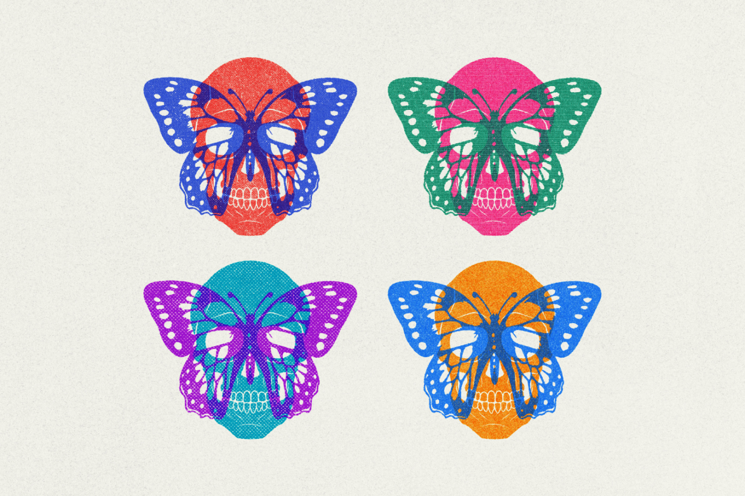 Colorful butterfly skulls graphic artwork template set for designers digital assets marketplace SEO keywords: graphic design, template, skull art, butterfly illustration.